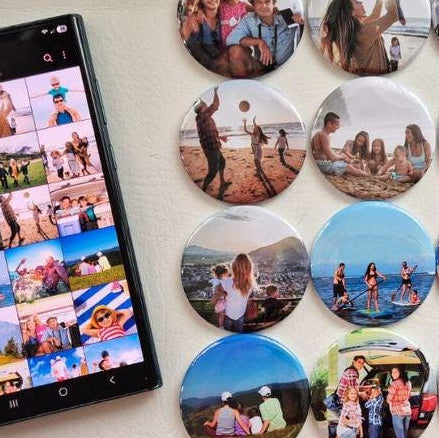 Personalized round photo magnets with family vacation pictures