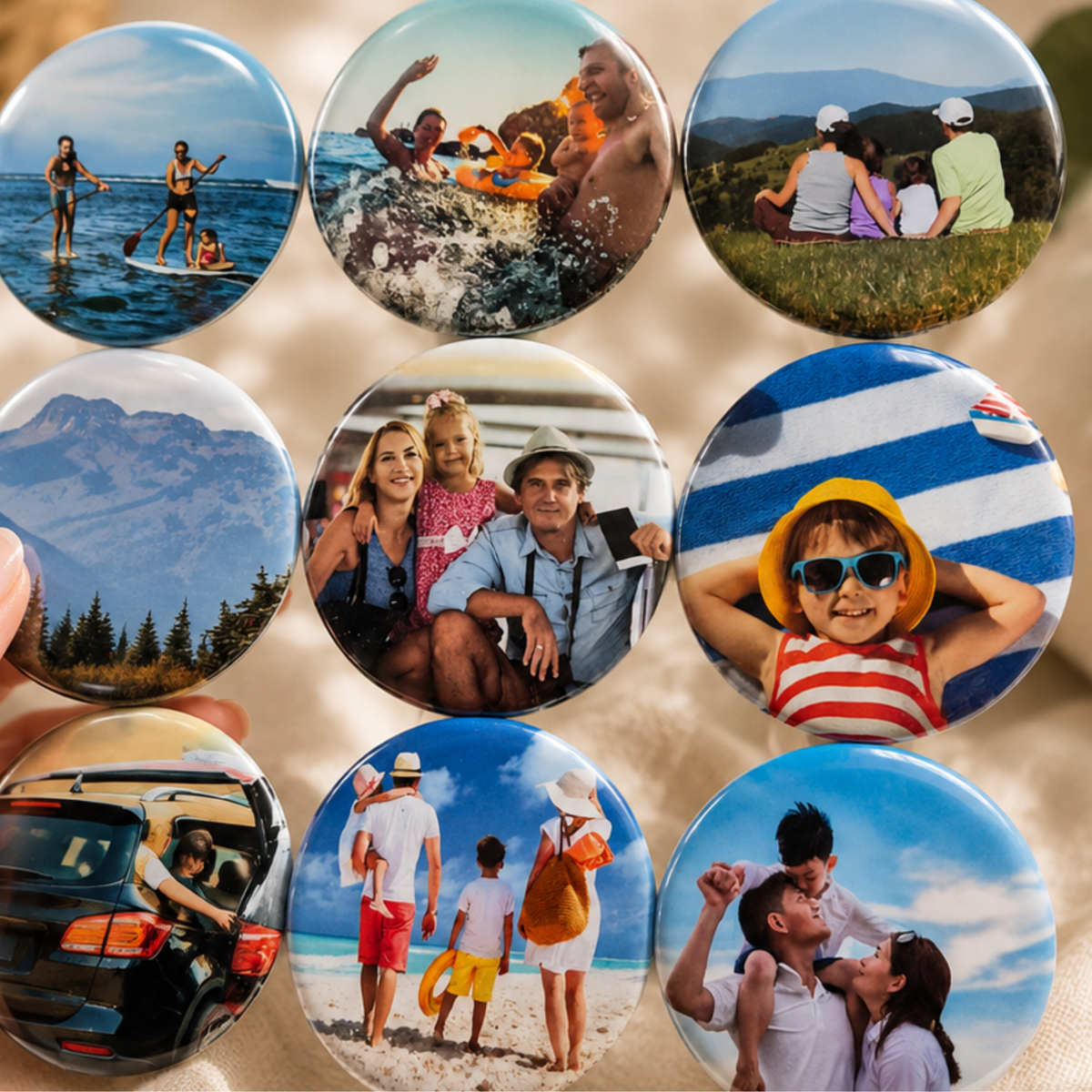 Personalized round photo magnets with family vacation pictures